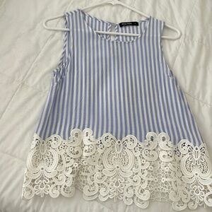 Beau Tissu baby blue and white striped top, size Small